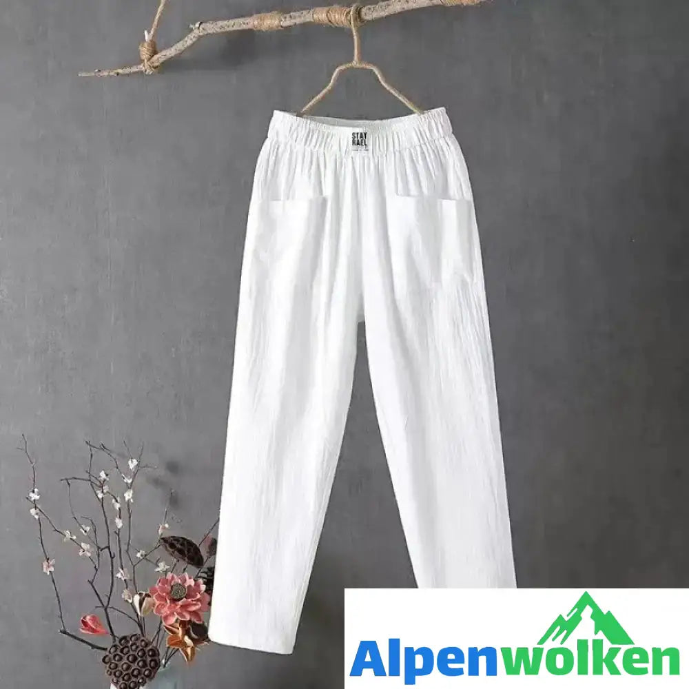 Alpenwolken - Lässige Hose aus Baumwolle und Leinen mit elastischer Taille Weiß