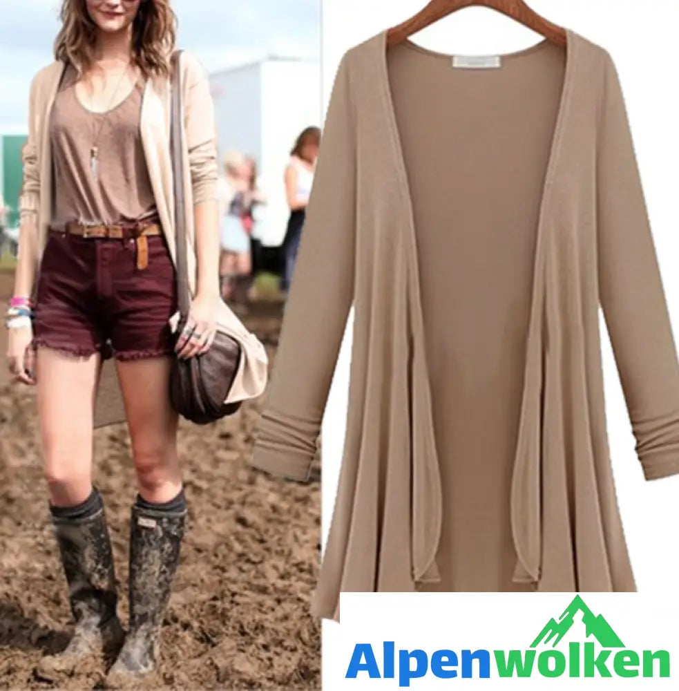 Alpenwolken - Lässige Langärmelige Strickjacke Mit Rüschen Khaki