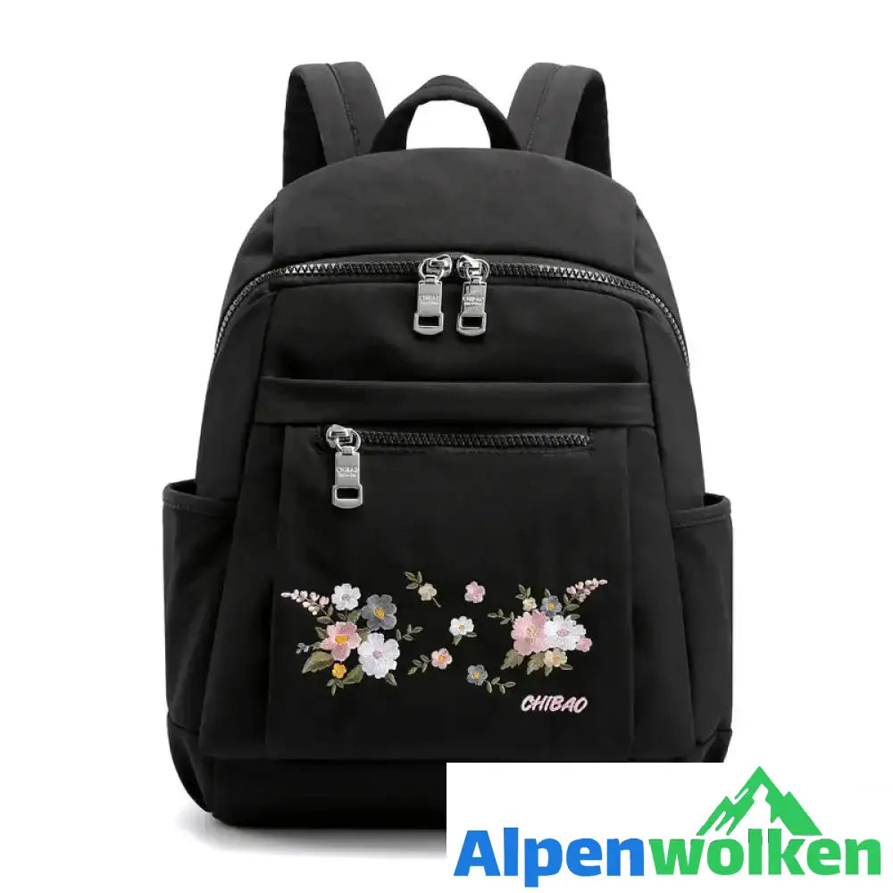 Alpenwolken - Lässiger modischer bestickter Nylonrucksack für Damen schwarz