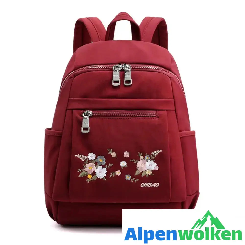 Alpenwolken - Lässiger modischer bestickter Nylonrucksack für Damen weinrot