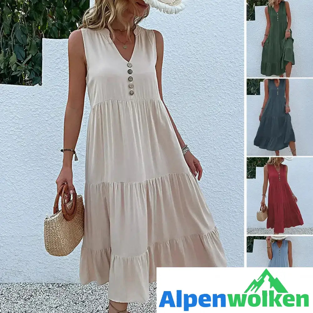 Alpenwolken - Lässiges einfarbiges Kleid mit Knöpfen