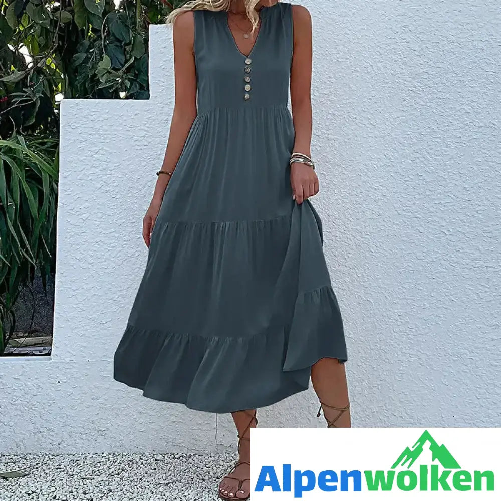 Alpenwolken - Lässiges einfarbiges Kleid mit Knöpfen