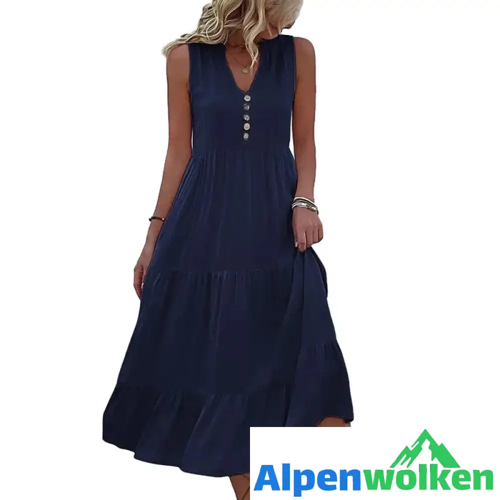 Alpenwolken - Lässiges einfarbiges Kleid mit Knöpfen Dunkelblau