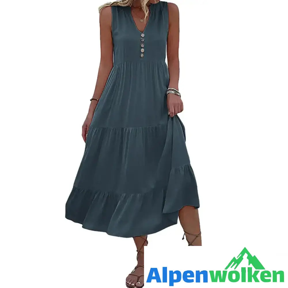 Alpenwolken - Lässiges einfarbiges Kleid mit Knöpfen Dunkelgrau