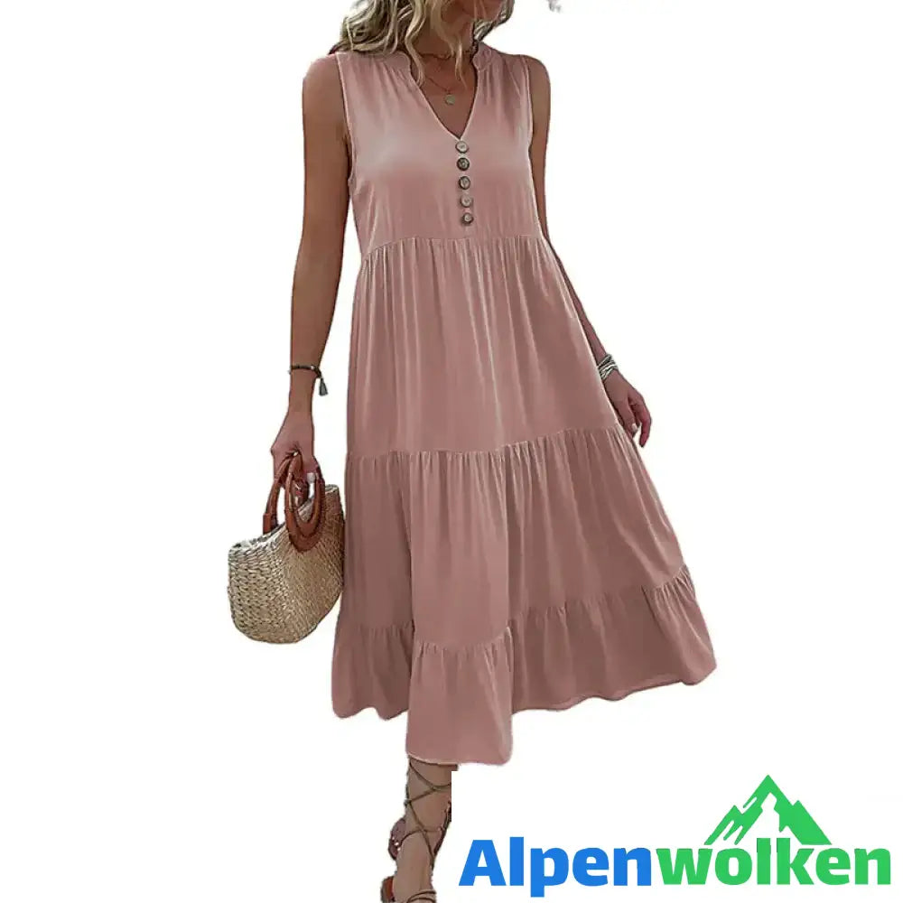 Alpenwolken - Lässiges einfarbiges Kleid mit Knöpfen Rosa