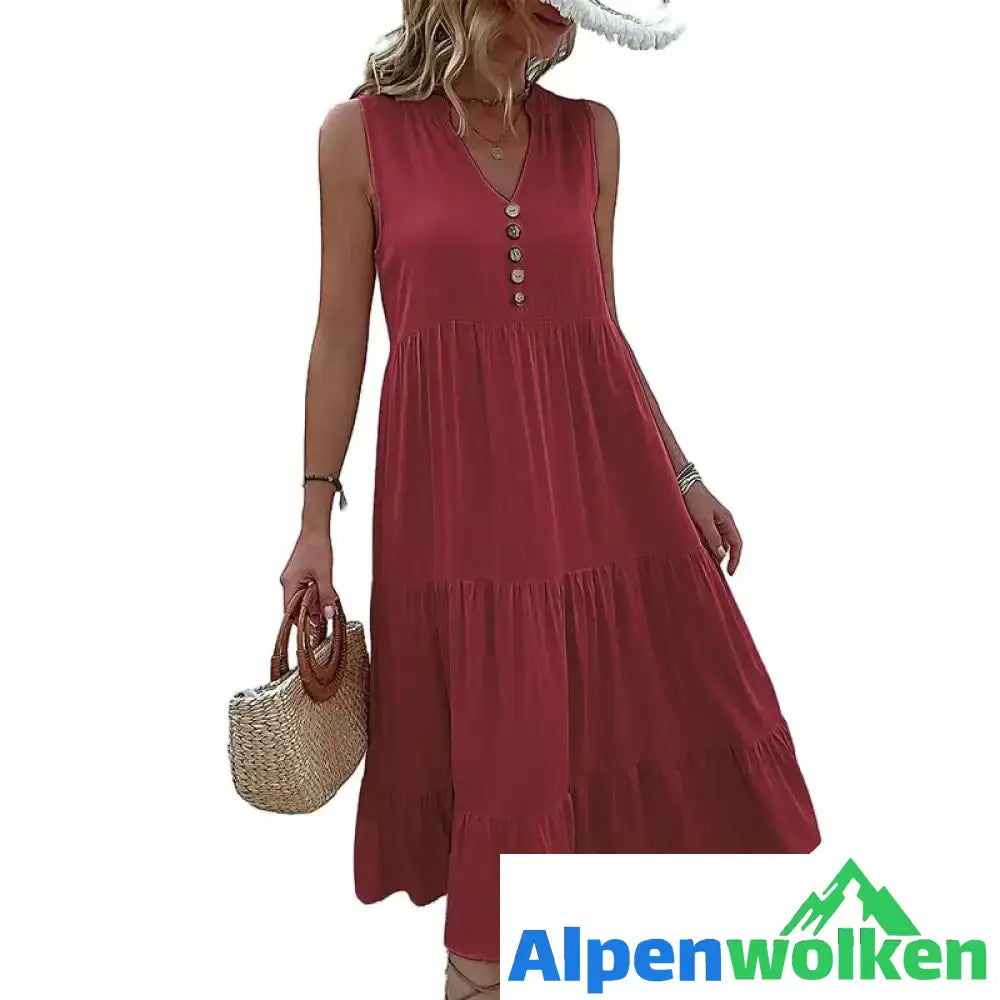 Alpenwolken - Lässiges einfarbiges Kleid mit Knöpfen Weinrot