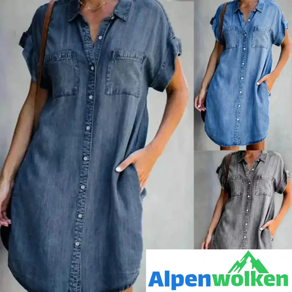 Alpenwolken - Lässiges Kurzarm Denim Kleid