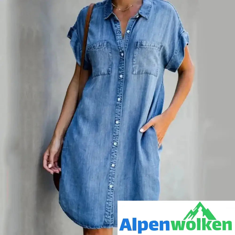 Alpenwolken - Lässiges Kurzarm Denim Kleid Blau