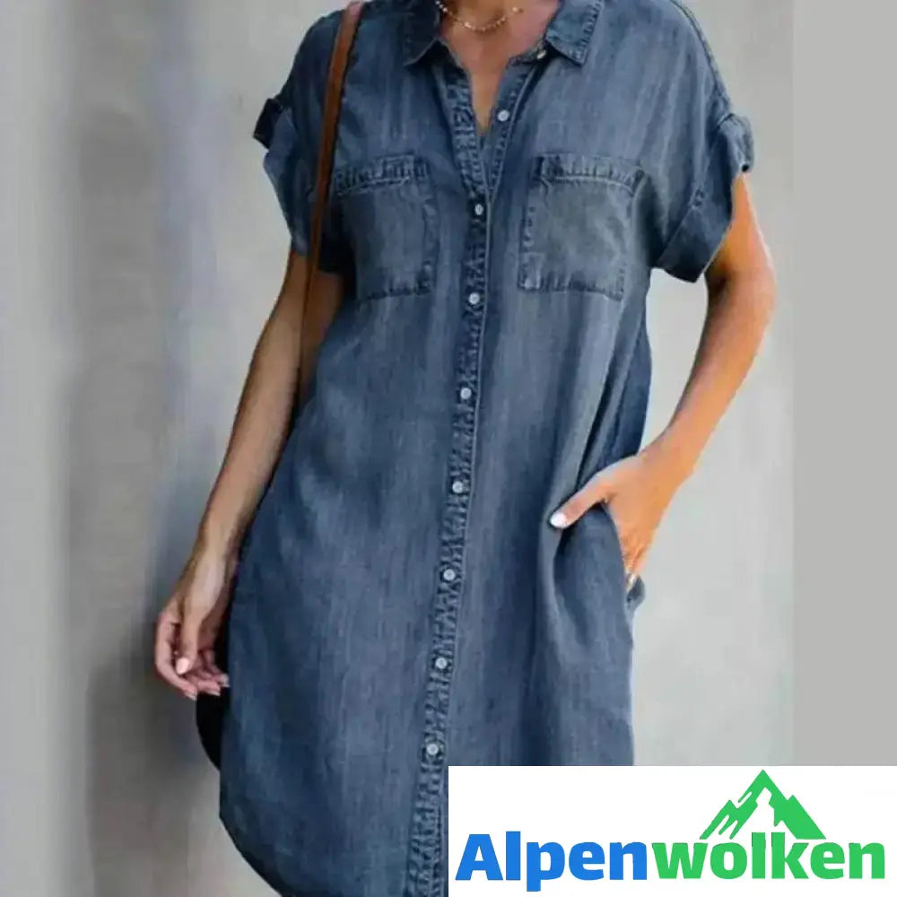 Alpenwolken - Lässiges Kurzarm Denim Kleid Dunkelblau