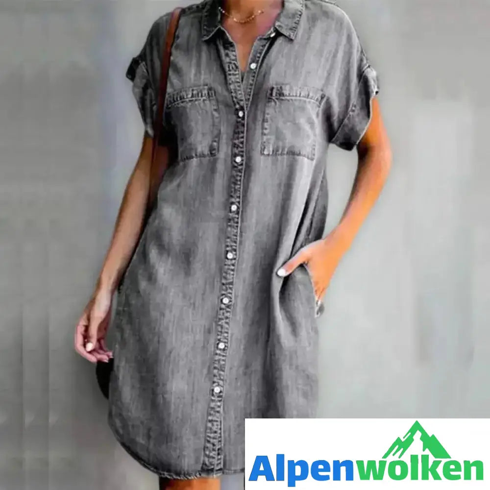 Alpenwolken - Lässiges Kurzarm Denim Kleid Grau