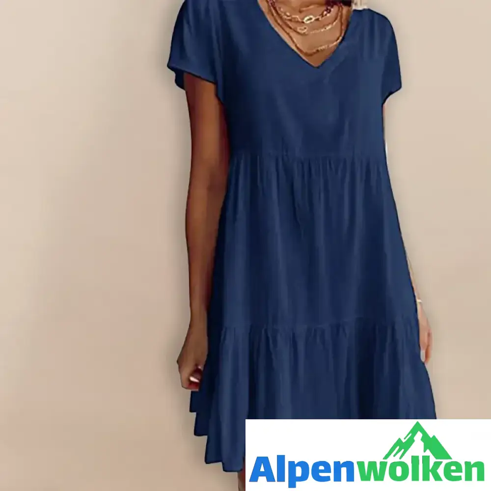 Alpenwolken - Lässiges Kurzarm-Webkleid mit V-Ausschnitt dunkelblau