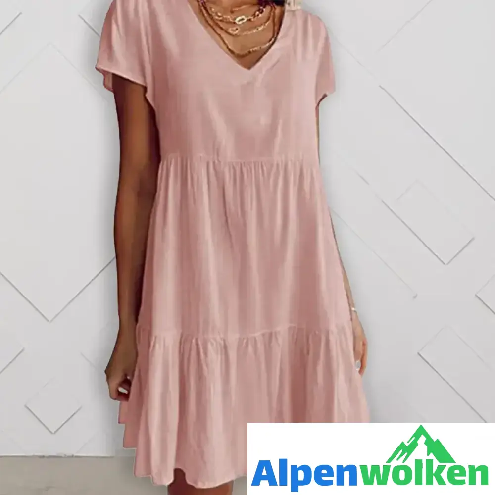 Alpenwolken - Lässiges Kurzarm-Webkleid mit V-Ausschnitt pink