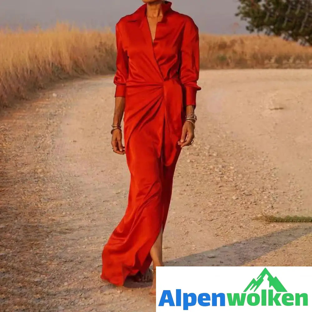 Alpenwolken - 💃Langärmeliges Kleid mit Krawatte und Revers✨