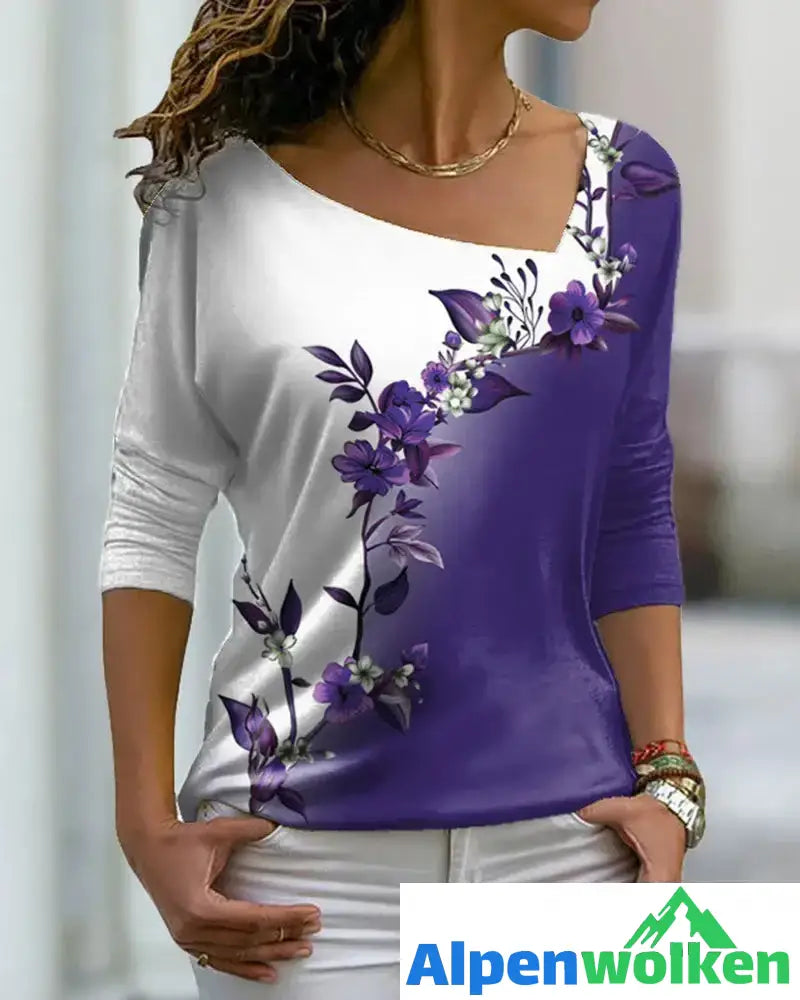 Alpenwolken - Langarmshirt mit Blumendruck und V-Ausschnitt Violett