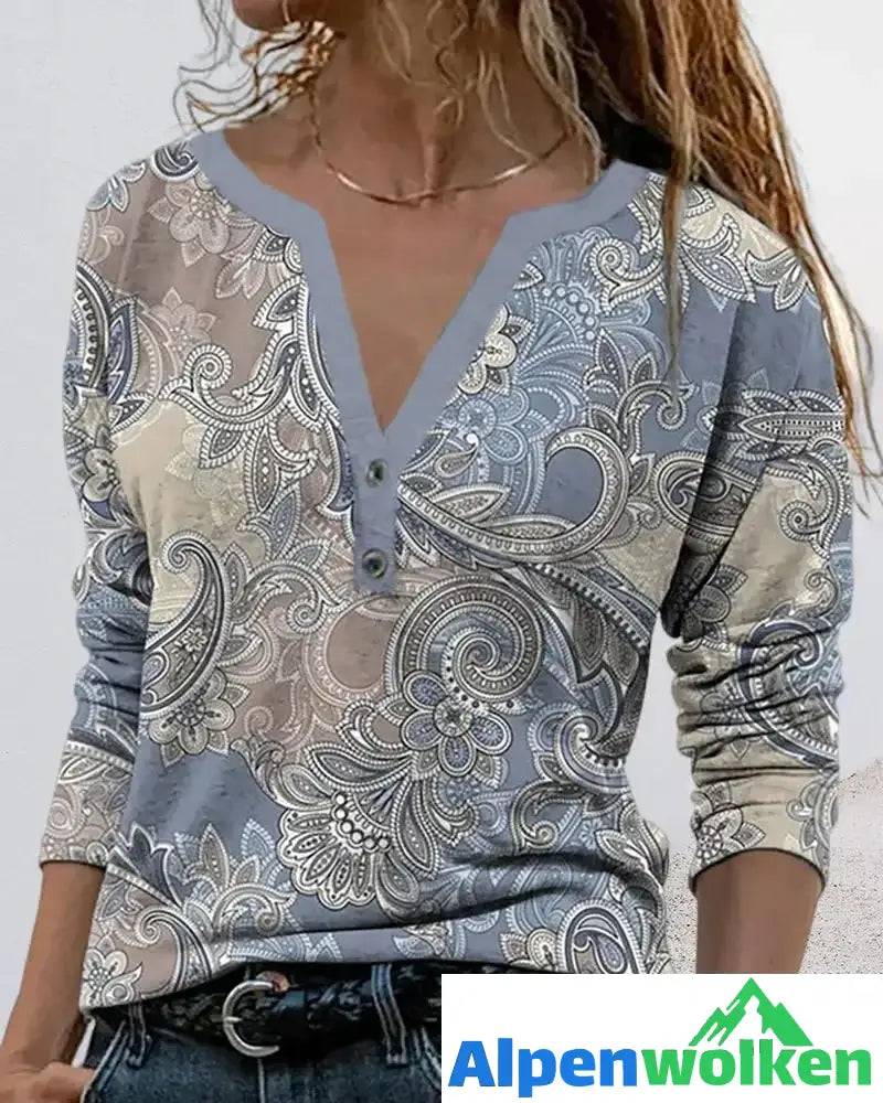 Alpenwolken - Langarmshirt mit V-Ausschnitt und Paisley-Muster Blau