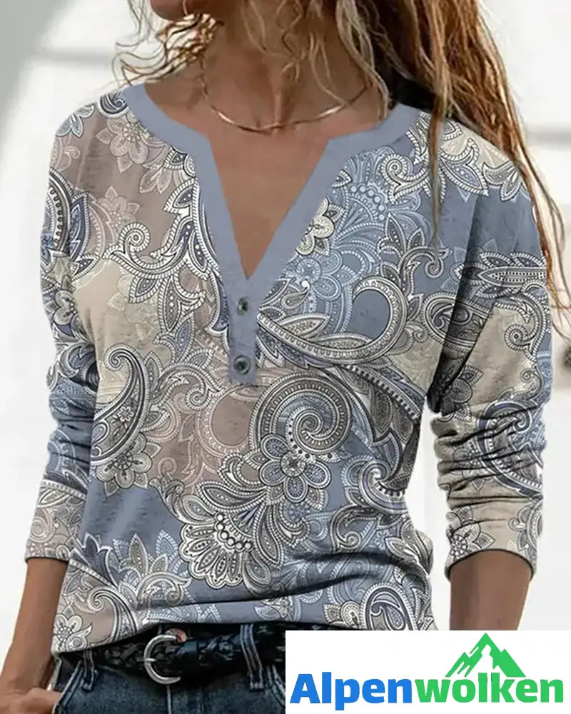 Alpenwolken - Langarmshirt mit V-Ausschnitt und Paisley-Muster