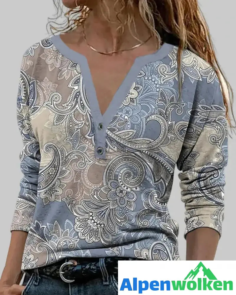 Alpenwolken - Langarmshirt mit V-Ausschnitt und Paisley-Muster