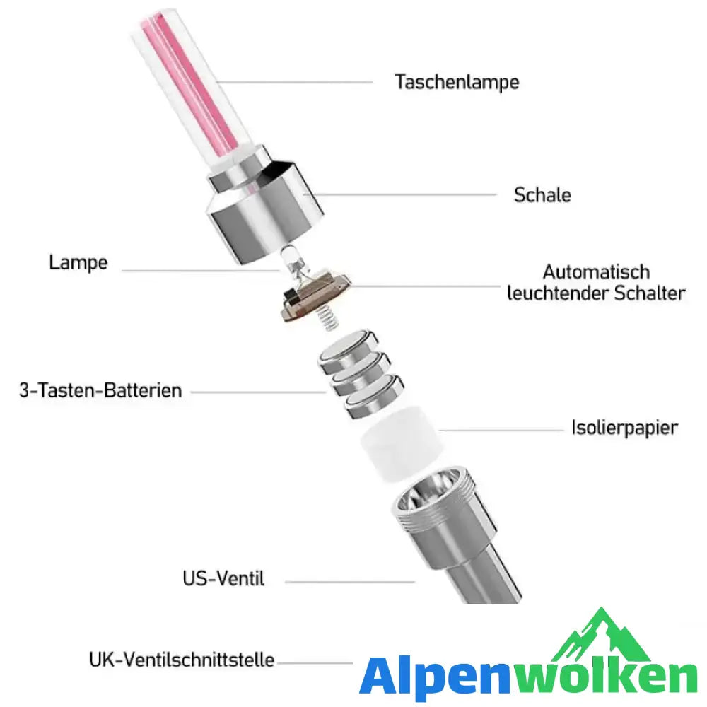 Alpenwolken - LED Ventilkappenlicht für Fahrrad und Auto, 2 Stücke