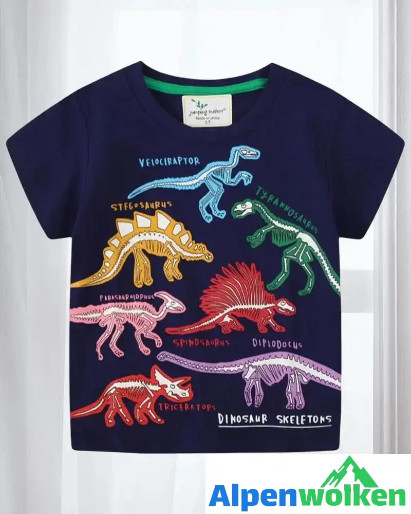 Alpenwolken - Leuchtendes Kinder-T-Shirt mit Dinosaurier-Aufdruck Marineblau