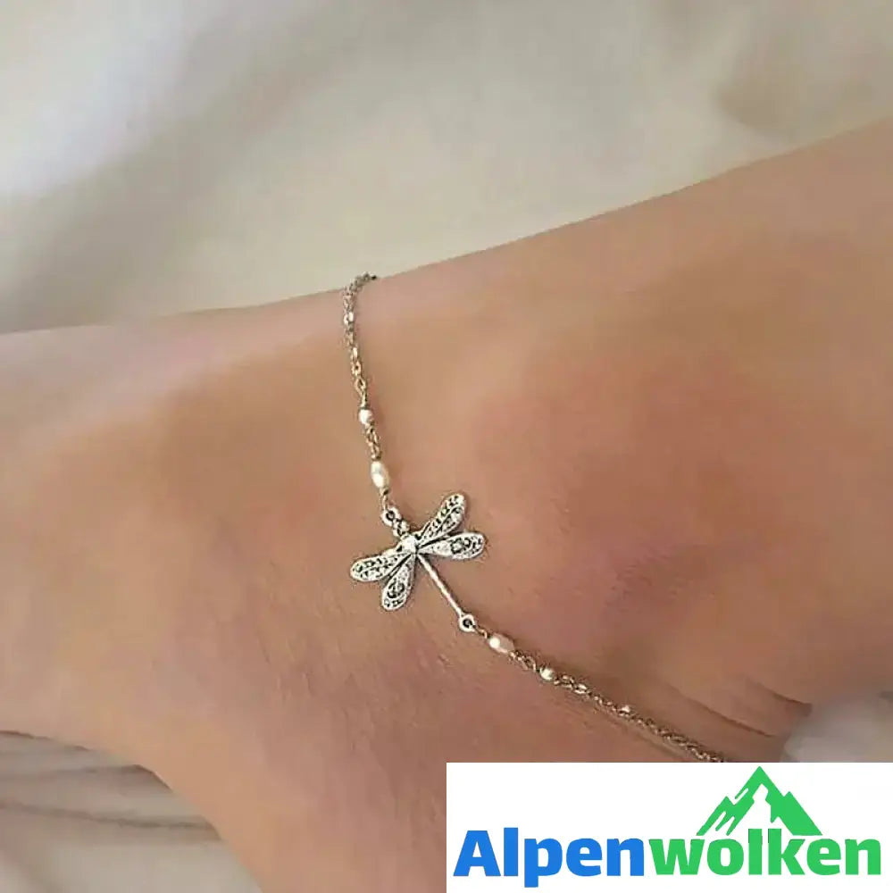 Alpenwolken - Libellen-Fußkettchen mit Perle