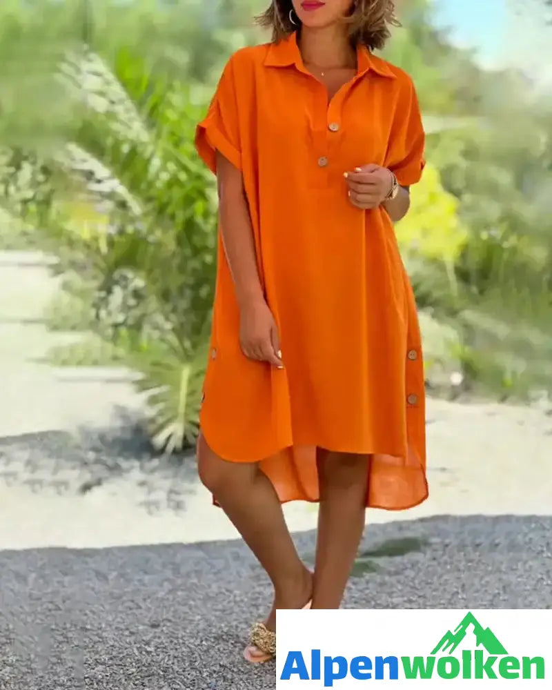 Alpenwolken - Lockeres einfarbiges Hemdkleid Orange