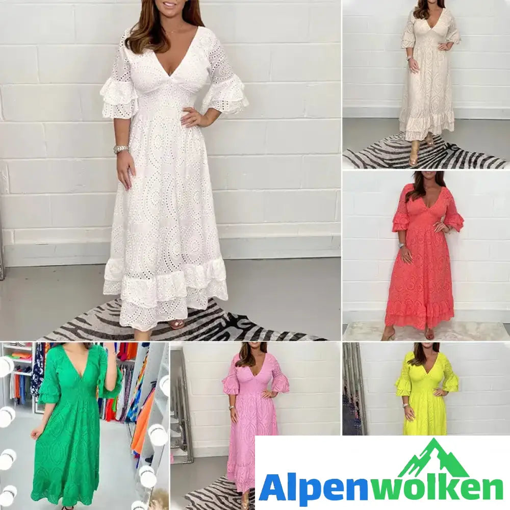 Alpenwolken - 💕✨Lockeres einfarbiges Kleid mit V-Ausschnitt und hoher Taille✨