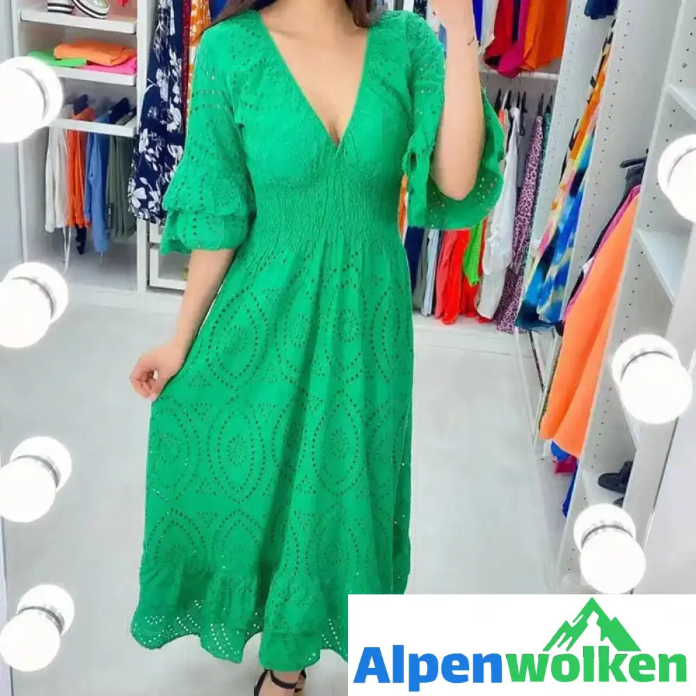 Alpenwolken - 🌈✨Lockeres einfarbiges Kleid mit V-Ausschnitt und hoher Taille💕