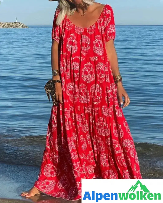 Alpenwolken - Lockeres Maxikleid mit Totenkopf-Print Rot