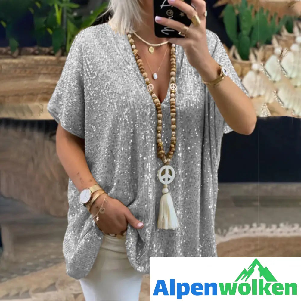 Alpenwolken - Lockeres T-Shirt mit V-Ausschnitt und Pailletten