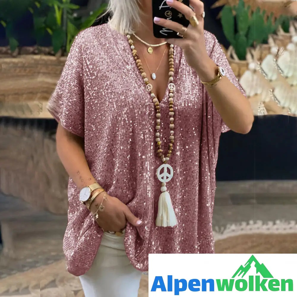 Alpenwolken - Lockeres T-Shirt mit V-Ausschnitt und Pailletten