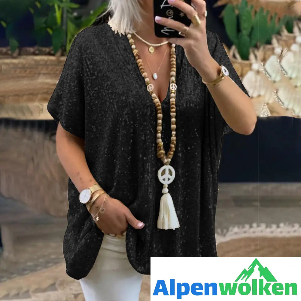 Alpenwolken - Lockeres T-Shirt mit V-Ausschnitt und Pailletten