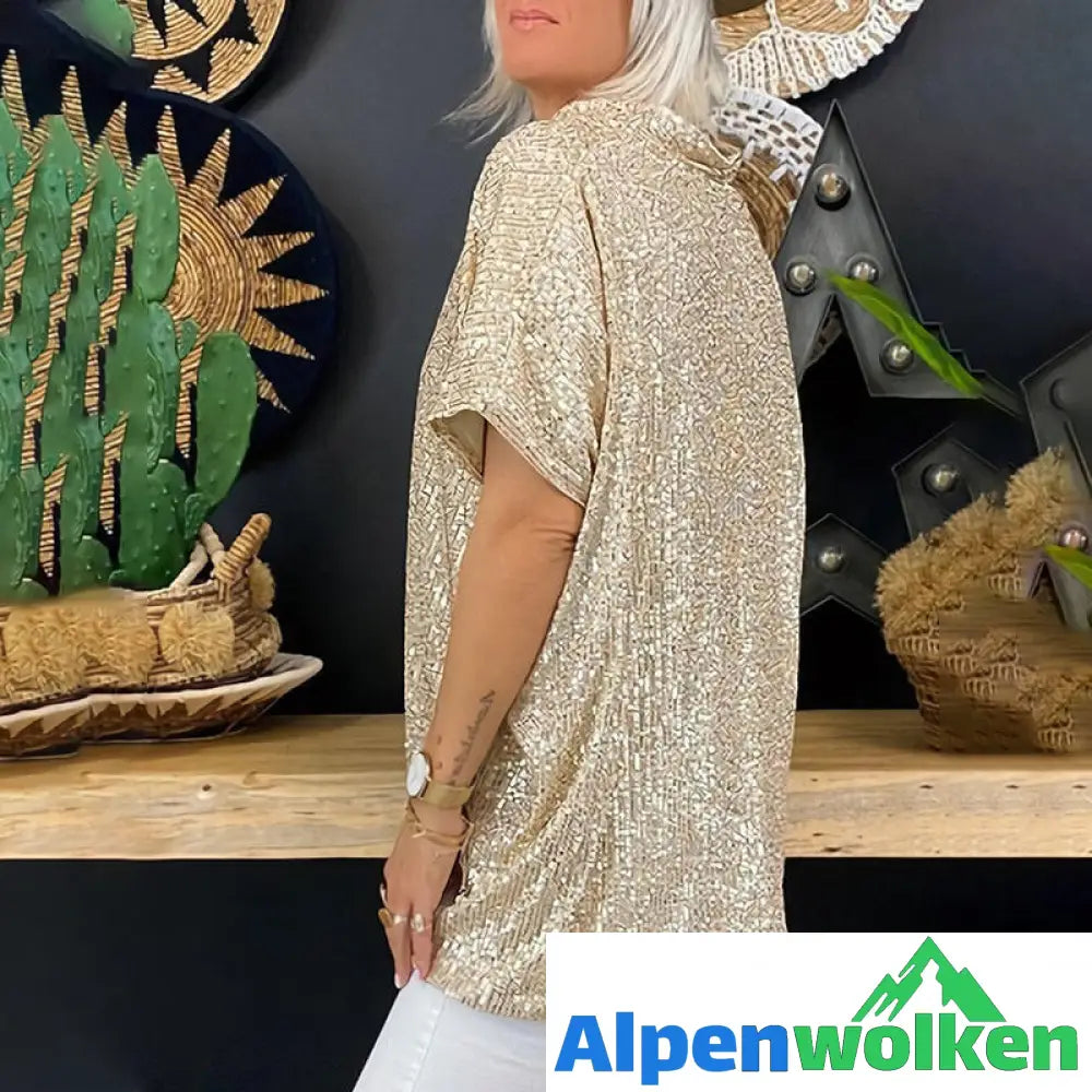 Alpenwolken - Lockeres T-Shirt mit V-Ausschnitt und Pailletten