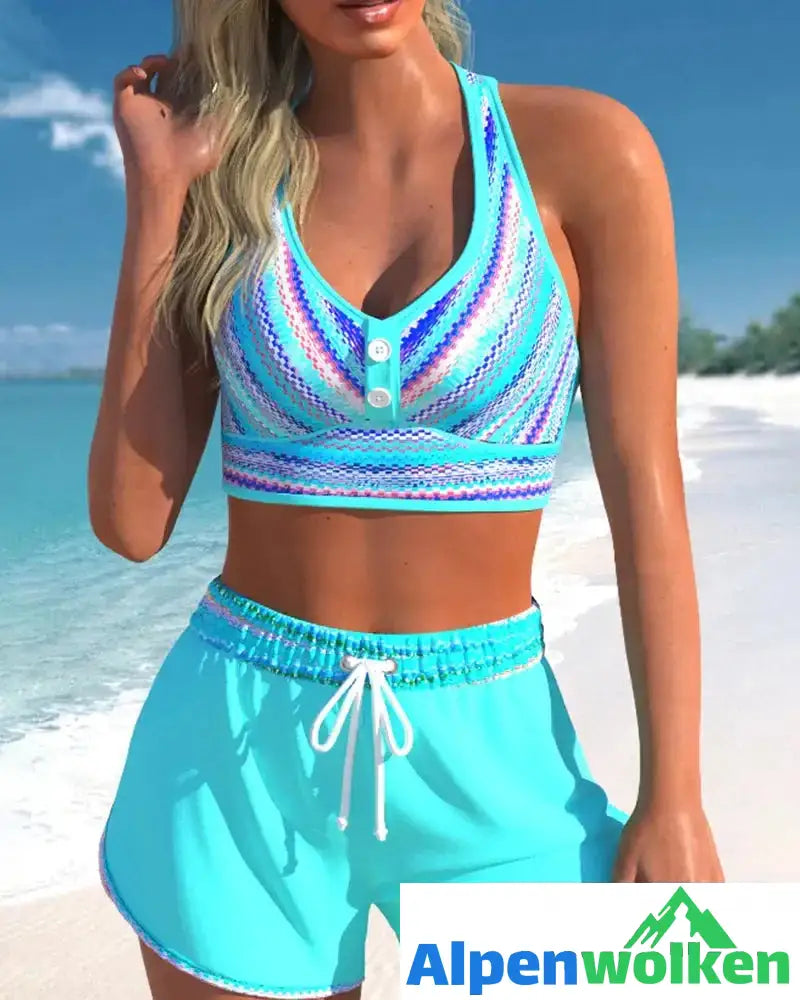 Alpenwolken - Neckholder-Bikini mit Streifenprint Blau