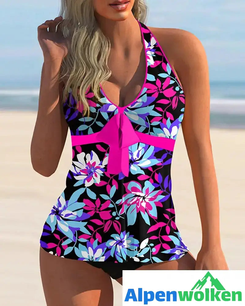 Alpenwolken - Neckholder-Tankini-Set mit Blumendruck Rosa