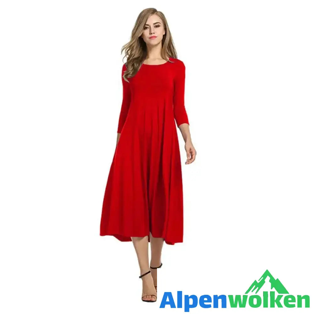 Alpenwolken - Neues einfarbiges Swing-Kleid mit mittleren Ärmeln rot