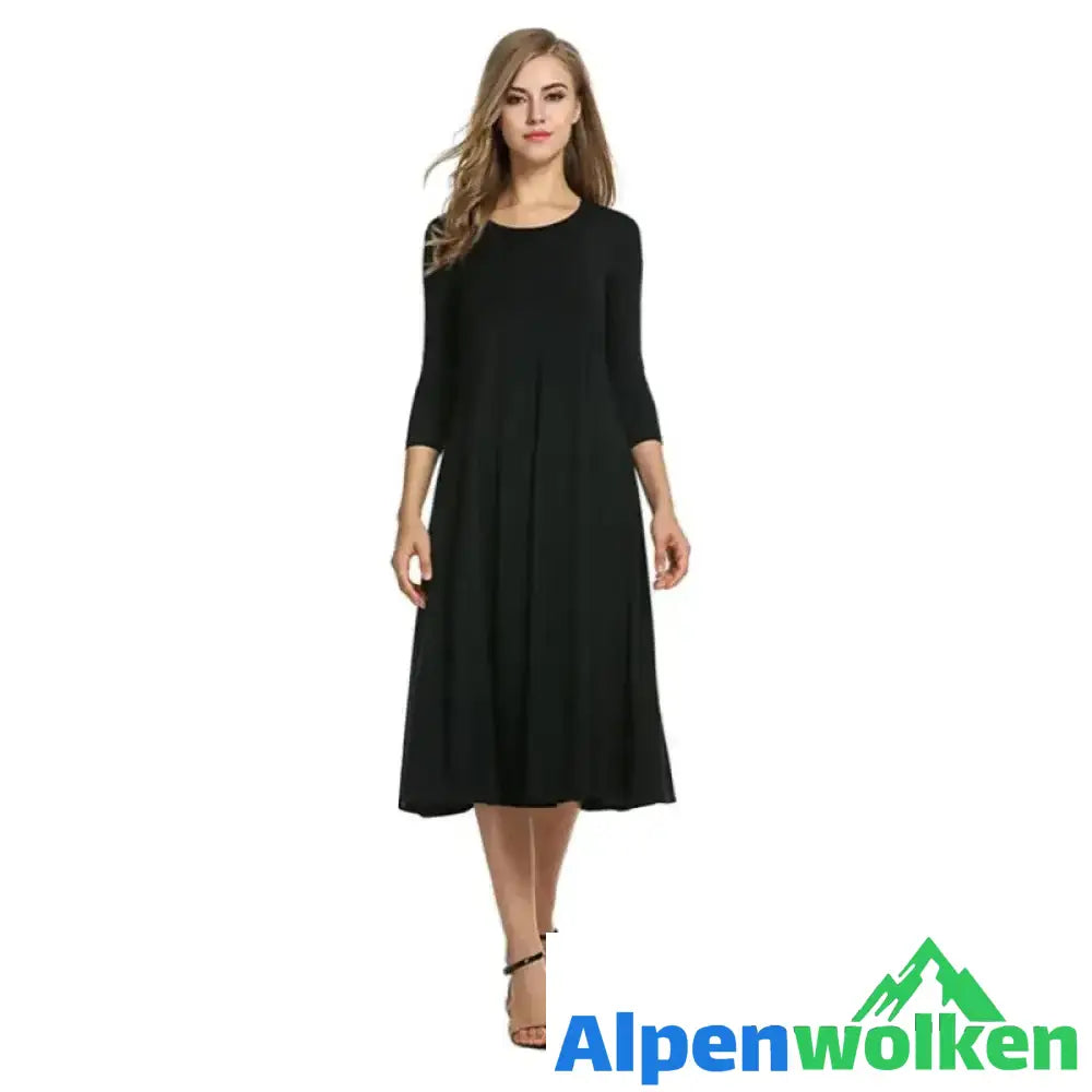 Alpenwolken - Neues einfarbiges Swing-Kleid mit mittleren Ärmeln schwarz