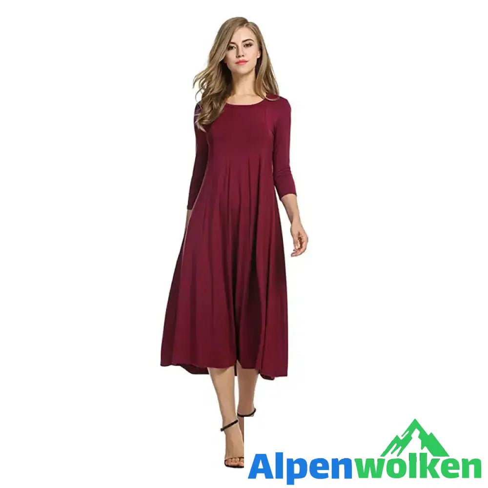 Alpenwolken - Neues einfarbiges Swing-Kleid mit mittleren Ärmeln weinrot