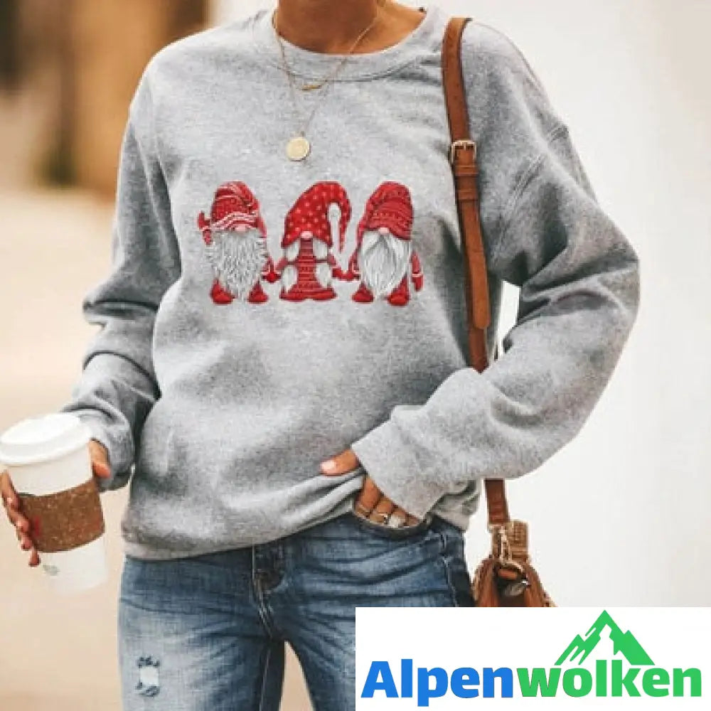 Alpenwolken - Niedlicher Weihnachtsmann Grafik Pullover Grau-rot