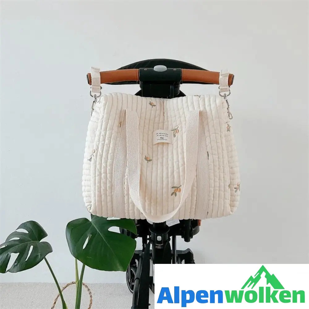 Alpenwolken - Niedliches Bären-Blumen-Stickerei-Muster, Baby-Beige, Baumwollstoff, Reißverschluss, Windel, Handtasche, Gepäcktasche