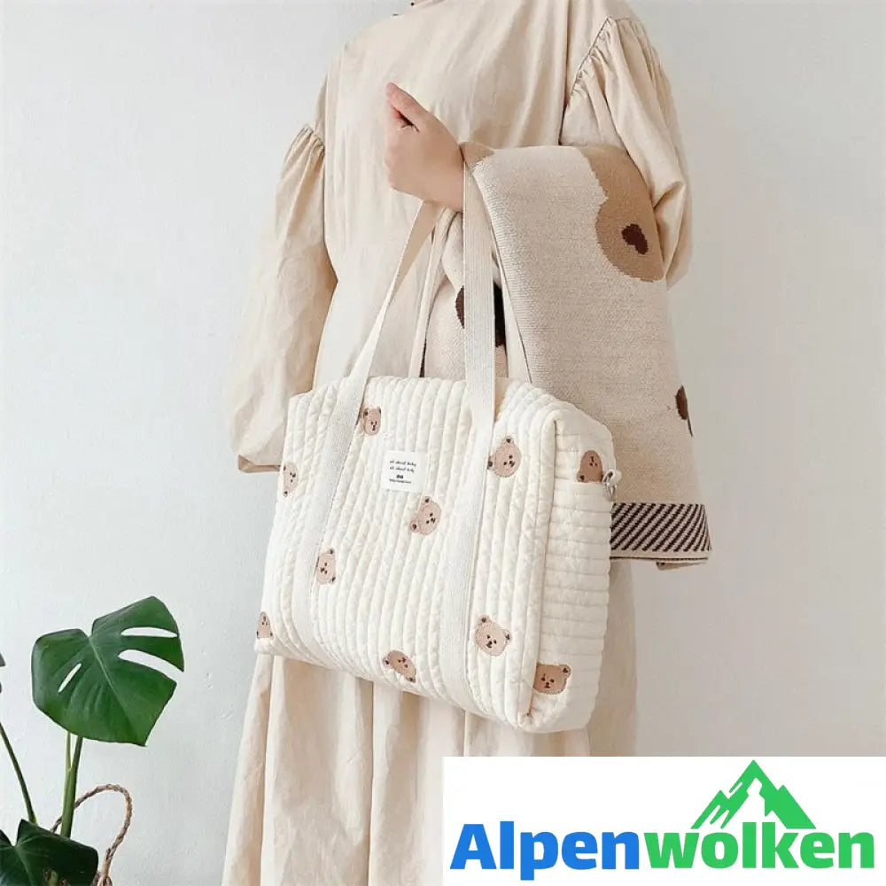 Alpenwolken - Niedliches Bären-Blumen-Stickerei-Muster, Baby-Beige, Baumwollstoff, Reißverschluss, Windel, Handtasche, Gepäcktasche