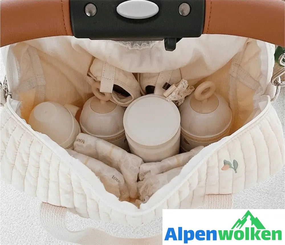 Alpenwolken - Niedliches Bären-Blumen-Stickerei-Muster, Baby-Beige, Baumwollstoff, Reißverschluss, Windel, Handtasche, Gepäcktasche