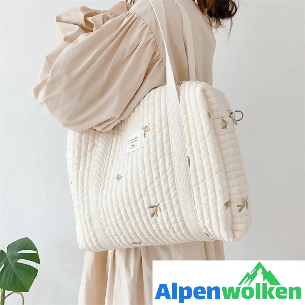 Alpenwolken - Niedliches Bären-Blumen-Stickerei-Muster, Baby-Beige, Baumwollstoff, Reißverschluss, Windel, Handtasche, Gepäcktasche