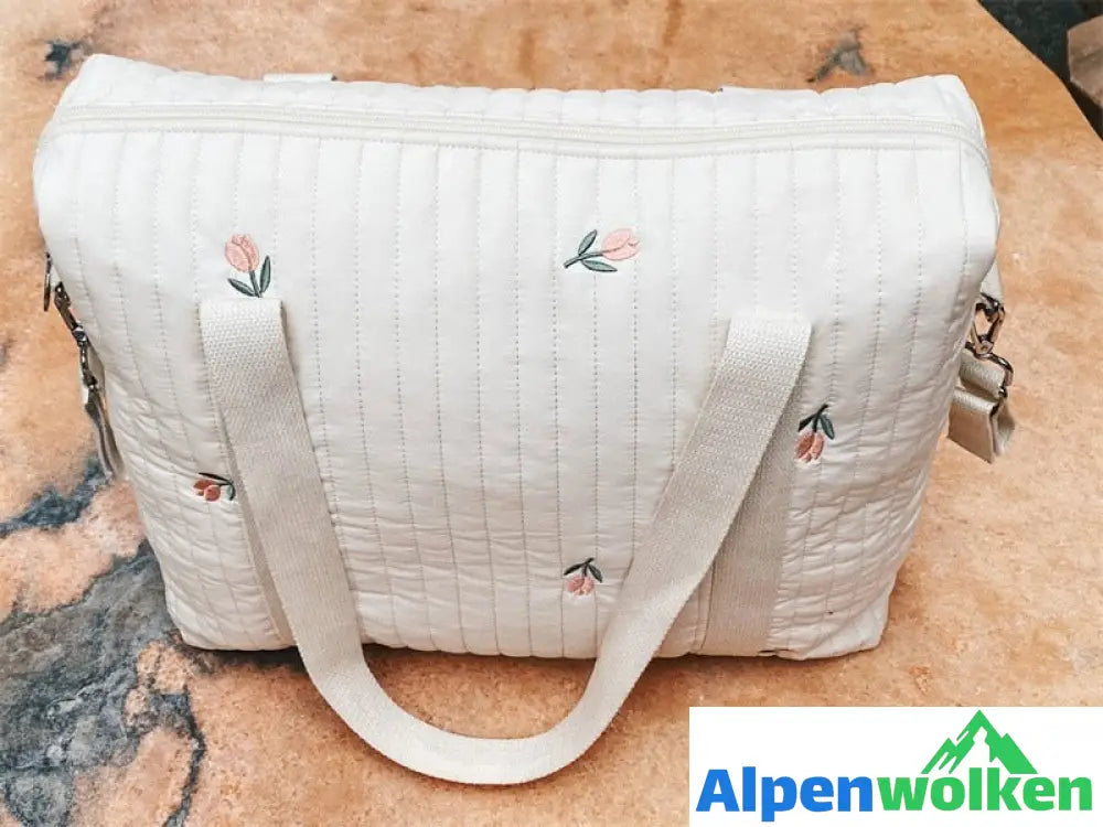 Alpenwolken - Niedliches Bären-Blumen-Stickerei-Muster, Baby-Beige, Baumwollstoff, Reißverschluss, Windel, Handtasche, Gepäcktasche