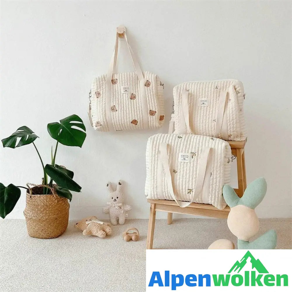 Alpenwolken - Niedliches Bären-Blumen-Stickerei-Muster, Baby-Beige, Baumwollstoff, Reißverschluss, Windel, Handtasche, Gepäcktasche