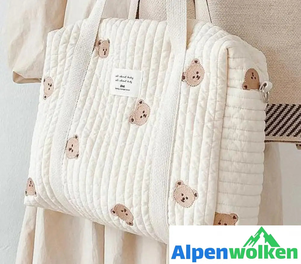 Alpenwolken - Niedliches Bären-Blumen-Stickerei-Muster, Baby-Beige, Baumwollstoff, Reißverschluss, Windel, Handtasche, Gepäcktasche Bär