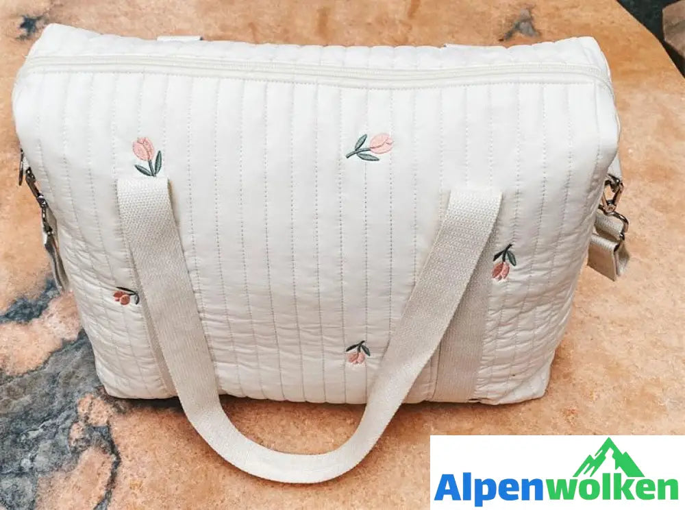 Alpenwolken - Niedliches Bären-Blumen-Stickerei-Muster, Baby-Beige, Baumwollstoff, Reißverschluss, Windel, Handtasche, Gepäcktasche Tulpe