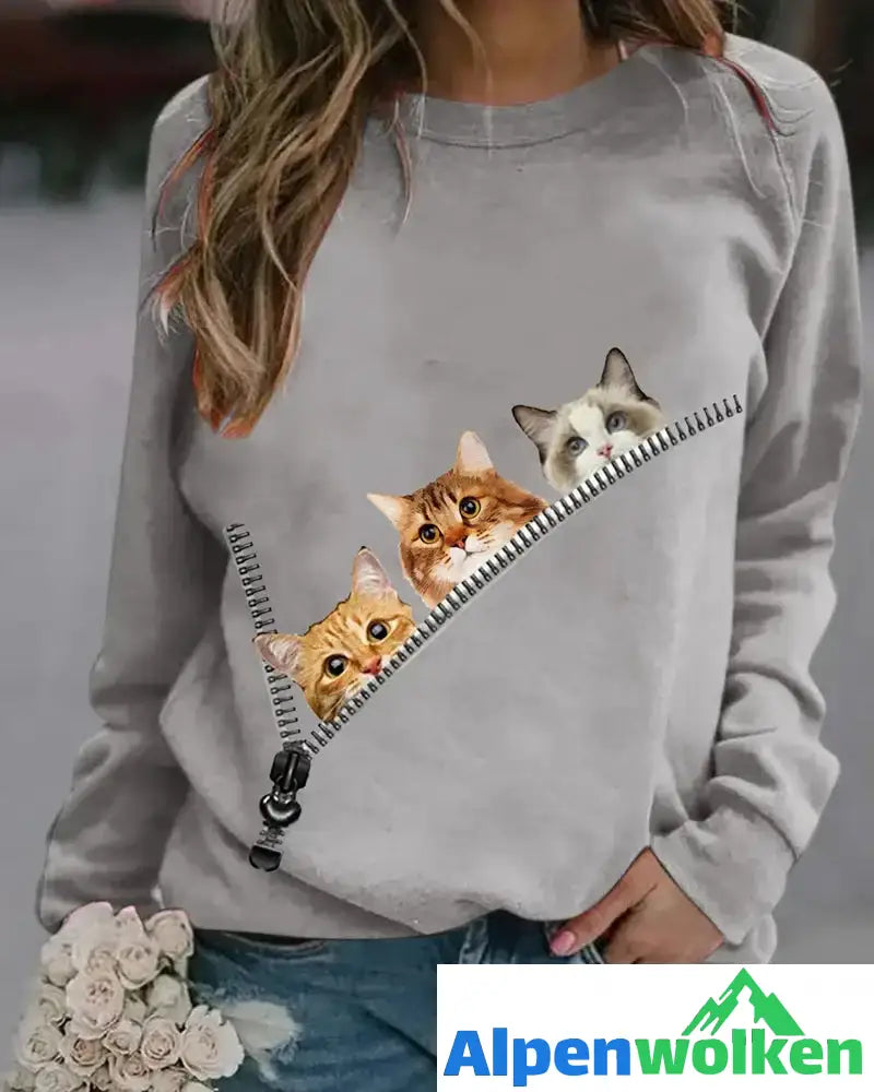 Alpenwolken - Pullover mit Cat-Print Grau