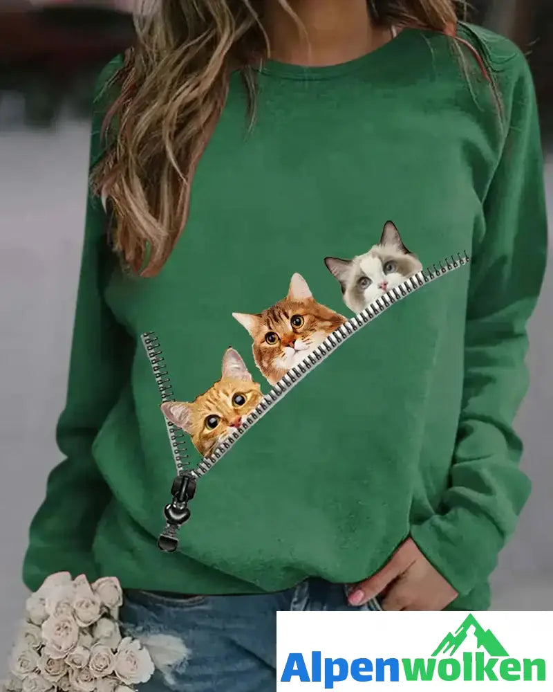 Alpenwolken - Pullover mit Cat-Print Grün