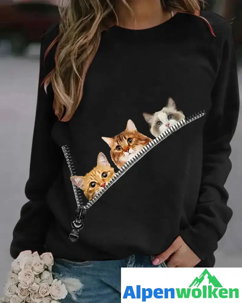 Alpenwolken - Pullover mit Cat-Print Schwarz