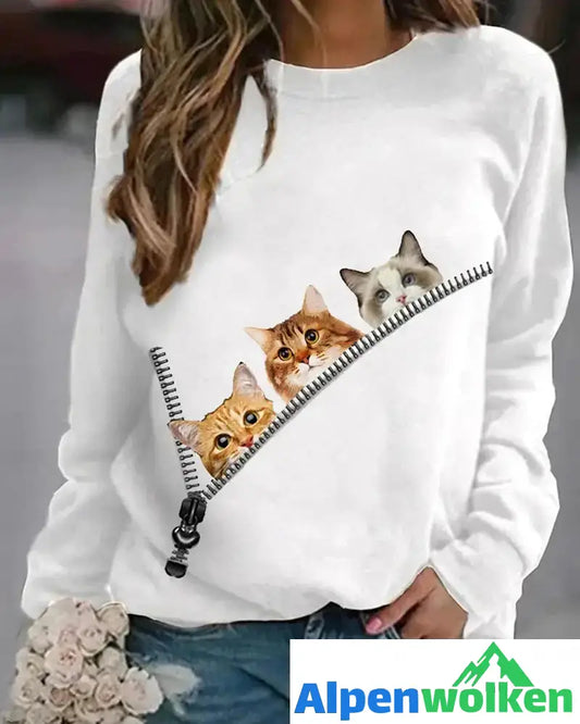 Alpenwolken - Pullover mit Cat-Print Weiß